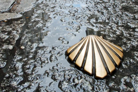 Street with the symbol of the Camino de Santiago