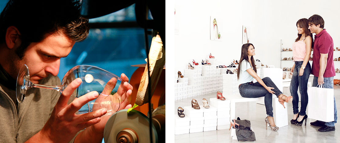 Left: Working with glass © Turismo Industrial Fábrica de Cristales de La Granja de San Ildefonso, Segovia. Right: shoes from Elche © VisitElche Left: Working with glass © Turismo Industrial Fábrica de Cristales de La Granja de San Ildefonso, Segovia. Right: shoes from Elche © VisitElche