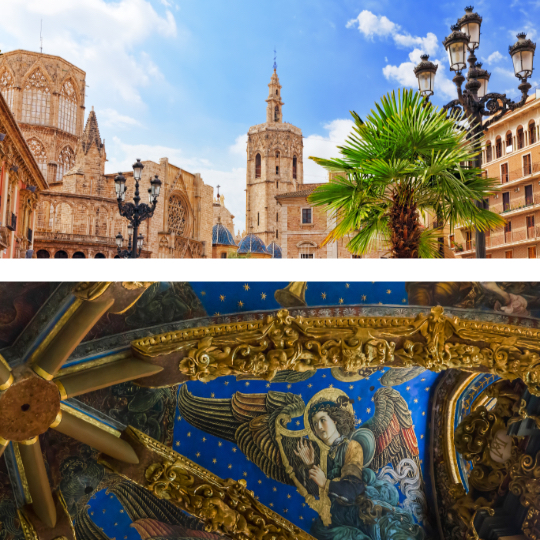 Top: view of the Cathedral of Valencia / Bottom: frescoes of the early Spanish Renaissance inside the Cathedral of Valencia ©goga18128 Top: view of the Cathedral of Valencia / Bottom: frescoes of the early Spanish Renaissance inside the Cathedral of Valencia ©goga18128