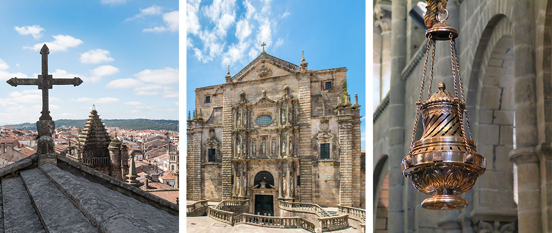 Left: Views from the cathedral roofs / Centre: Façade of the Church of San Martiño Pinatario / Right: The Botafumeiro in Santiago de Compostela Cathedral, Galicia Left: Views from the cathedral roofs / Centre: Façade of the Church of San Martiño Pinatario / Right: The Botafumeiro in Santiago de Compostela Cathedral, Galicia